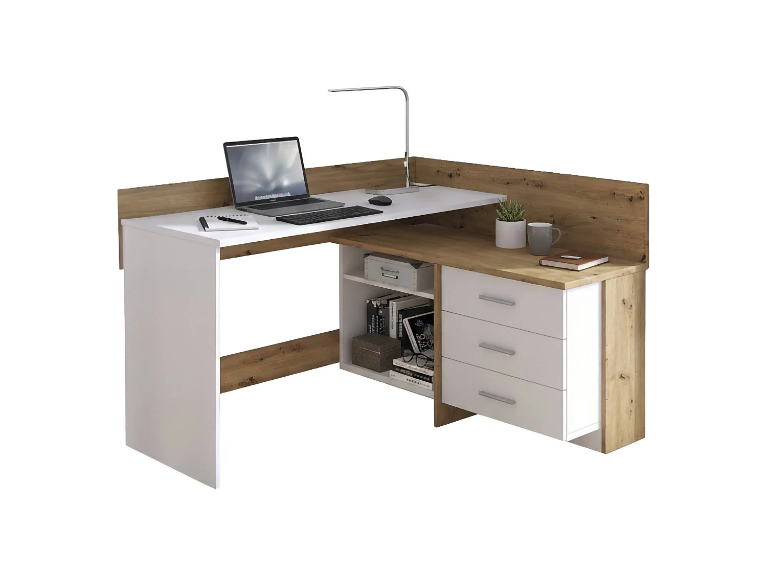 Bureau Hudson, Pupitre polyvalent, Table de bureau pour PC, Plan de travail, 130x112h82 cm, Blanc et nÂœuds de chêne clair
