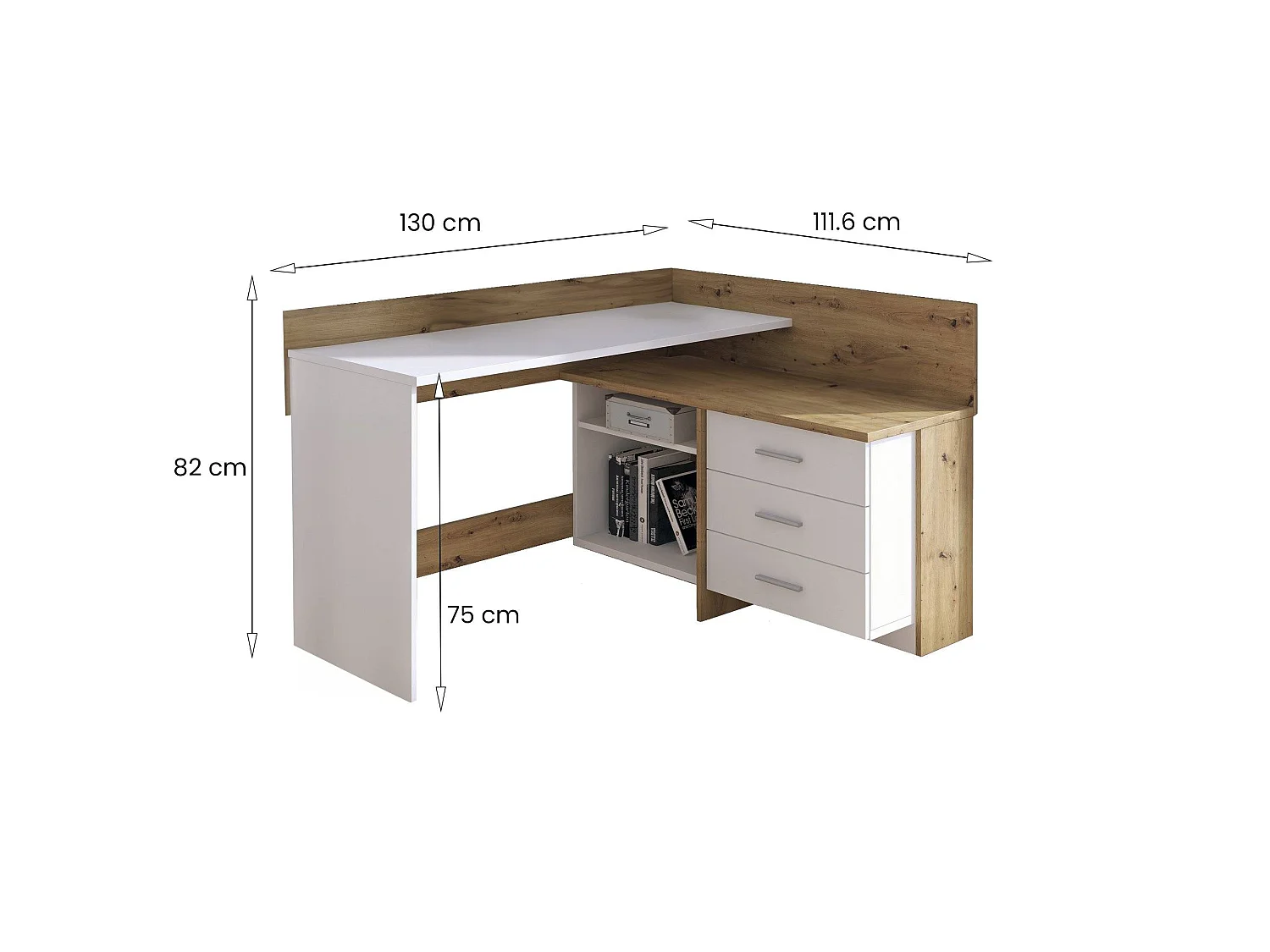 Bureau Hudson, Pupitre polyvalent, Table de bureau pour PC, Plan de travail, 130x112h82 cm, Blanc et nÂœuds de chêne clair