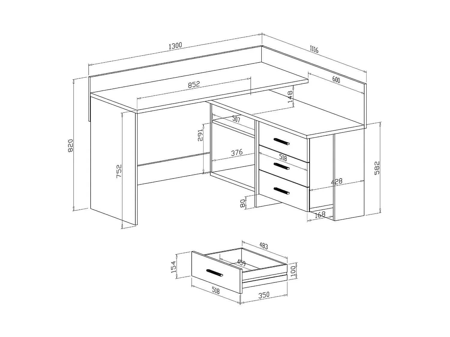 Bureau Hudson, Pupitre polyvalent, Table de bureau pour PC, Plan de travail, 130x112h82 cm, Blanc et nÂœuds de chêne clair