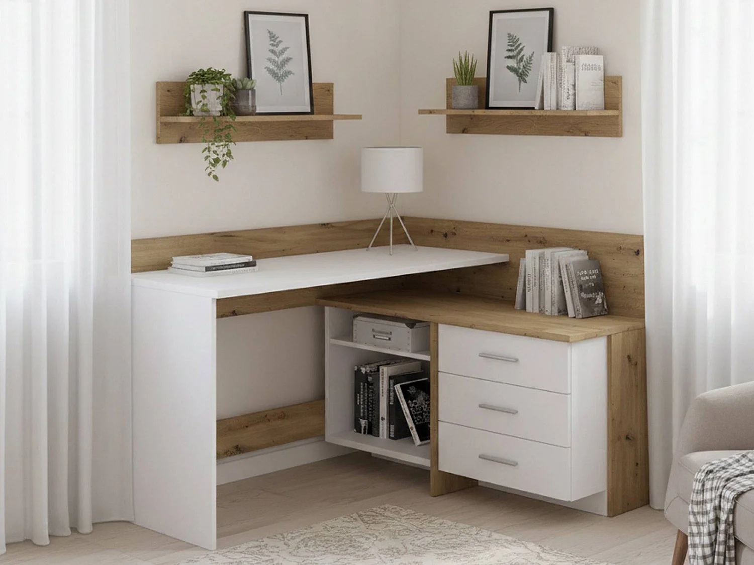 Bureau Hudson, Pupitre polyvalent, Table de bureau pour PC, Plan de travail, 130x112h82 cm, Blanc et nÂœuds de chêne clair