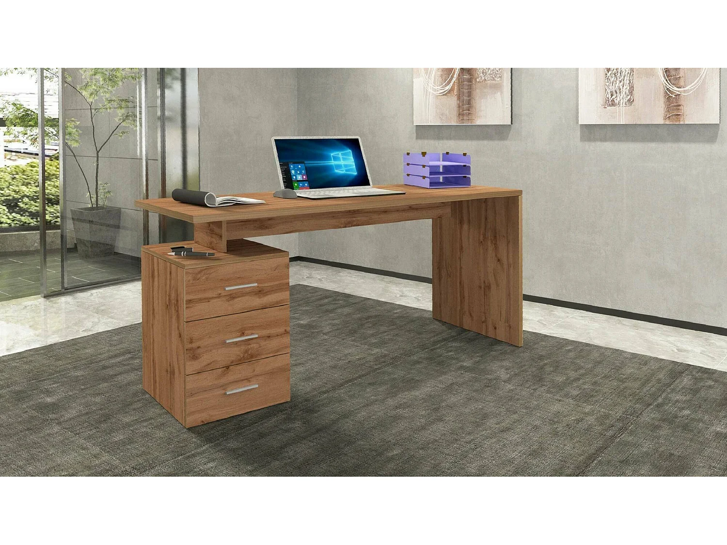 Schreibtisch Dchiellin, linearer Schreibtisch, Mehrzweck-Büroschreibtisch, platzsparender Schreibtisch mit mehreren Positionen, 160x60h75 cm, Eiche