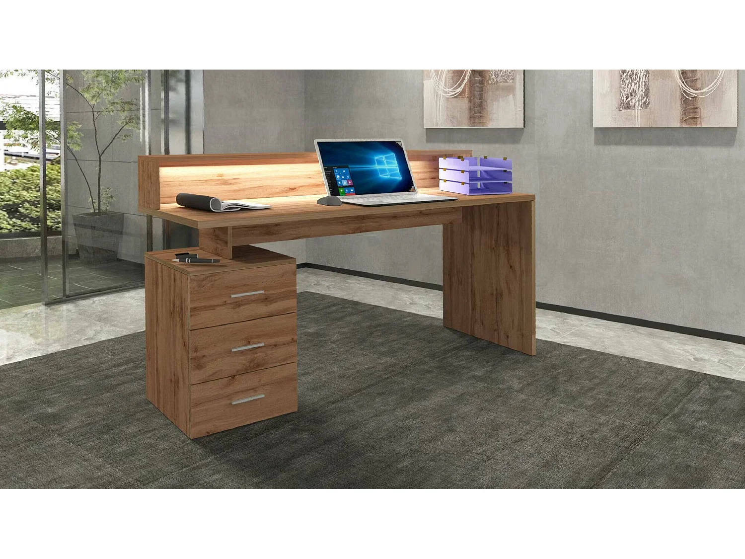 Bureau Svevo, Bureau avec plateau, Bureau polyvalent, Bureau multiposition gain de place, 160x60h90 cm, Chêne