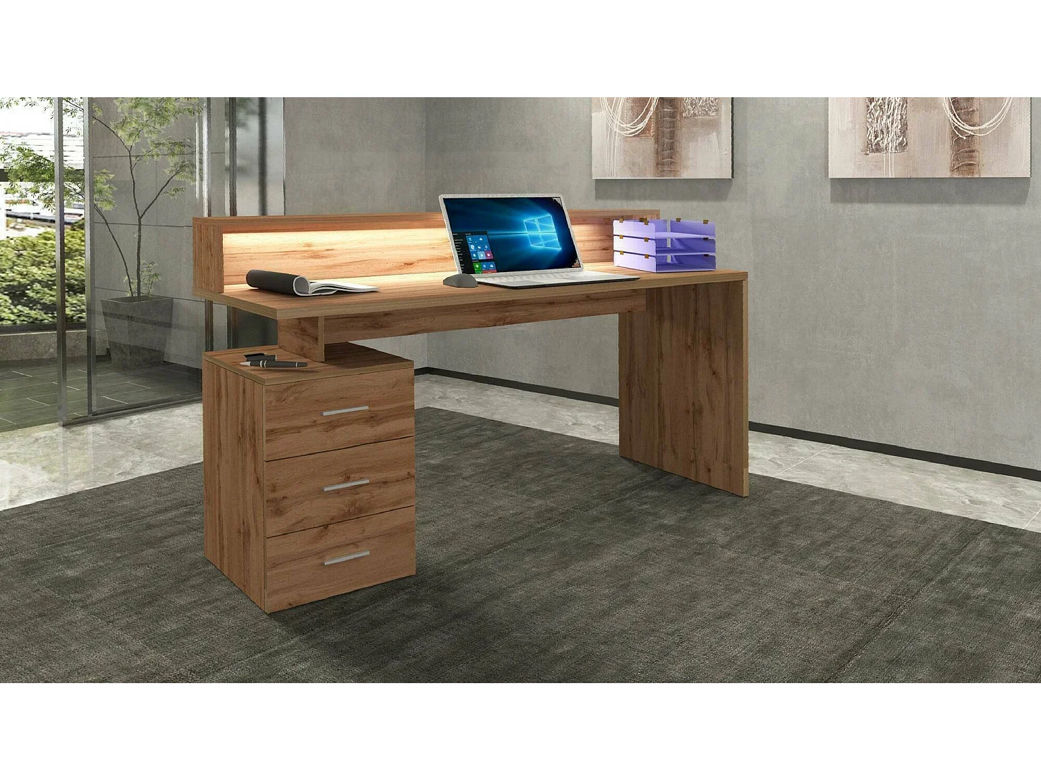 ScrivAnia Dcaligar, Bureau met LED verlichting, Multifunctioneel bureau, Multi-position ruimtebesparend bureau, 160x60h90 cm, Eiken