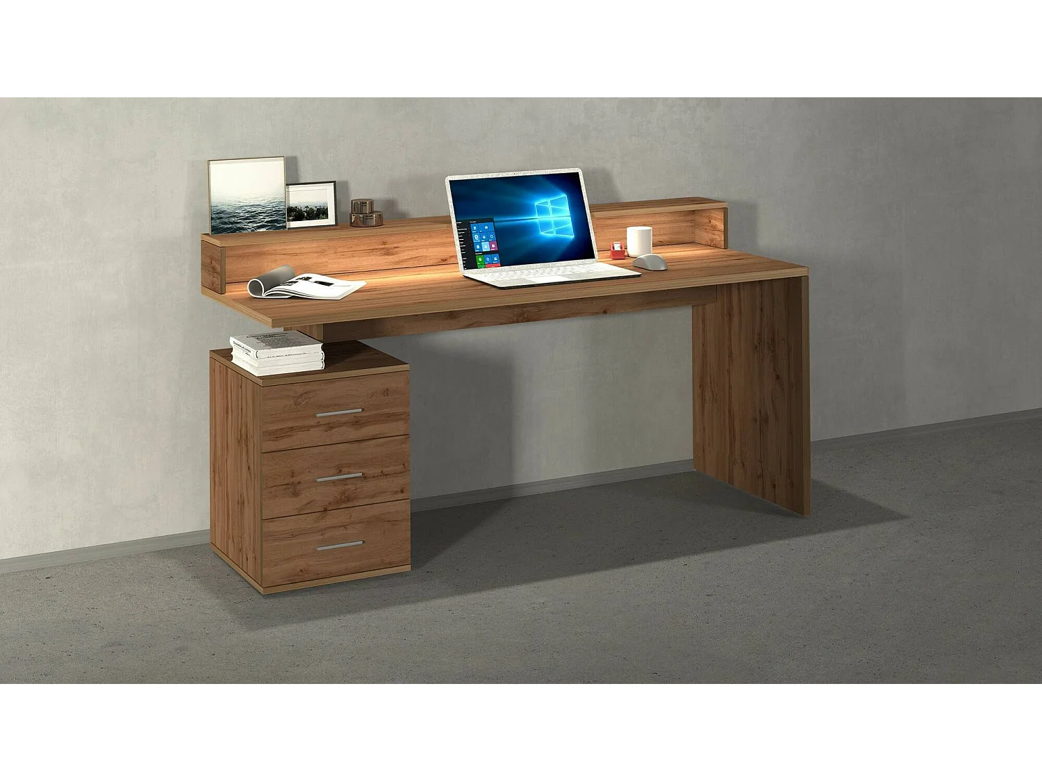 Bureau Alexandre, Bureau avec plateau et lampes LED, Bureau polyvalent, Bureau multiposition gain de place, 160x60h90 cm, Chêne