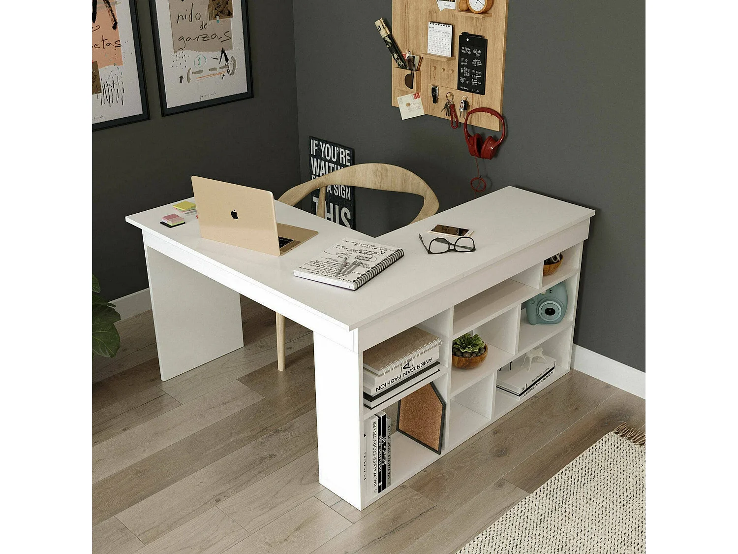 Bureau Angete, Pupitre polyvalent, Table de bureau pour PC, Plan de travail, 129x120h72 cm, Blanc