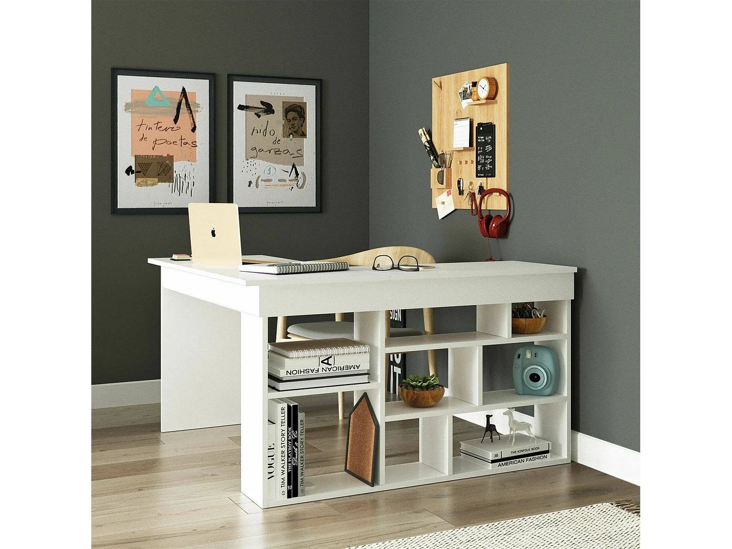 Dfavasul Bureau, Multifunctioneel Bureau, TafelVoor kantoor PC houder, Werkblad, 129x120h72 cm, Wit