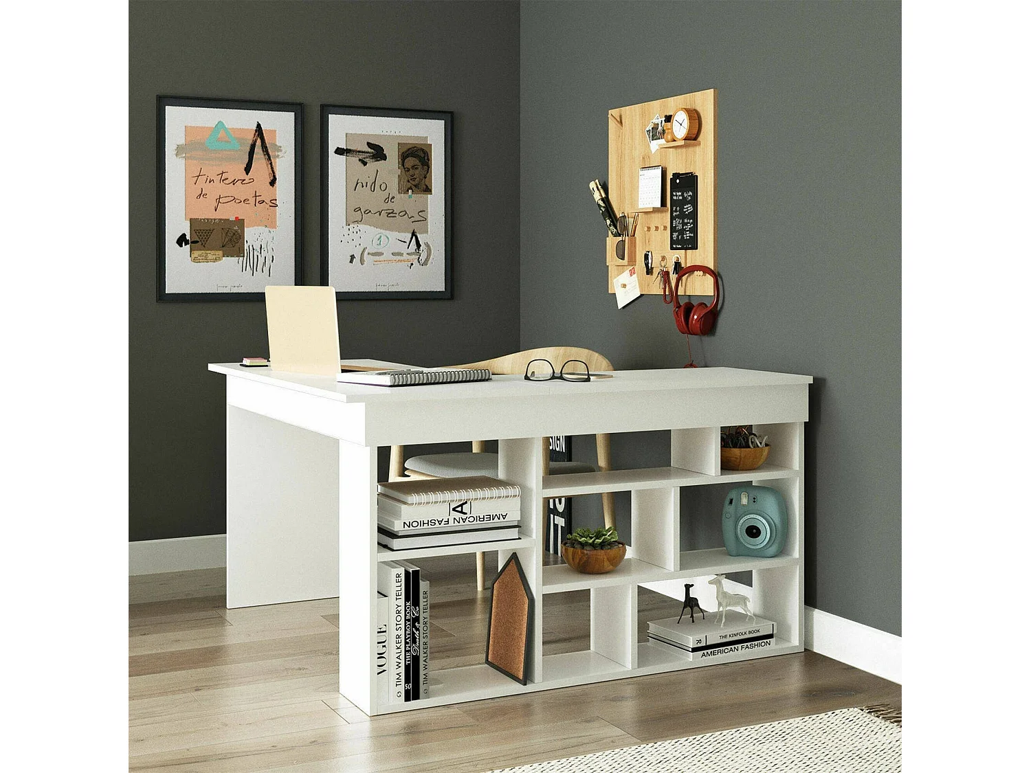 Bureau Angete, Pupitre polyvalent, Table de bureau pour PC, Plan de travail, 129x120h72 cm, Blanc