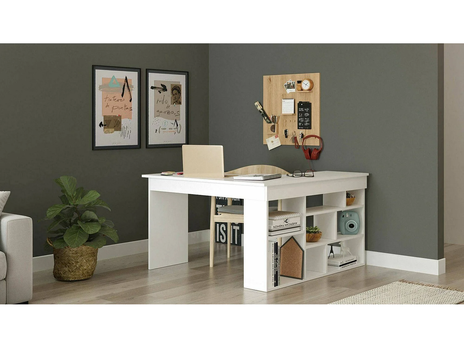 Bureau Angete, Pupitre polyvalent, Table de bureau pour PC, Plan de travail, 129x120h72 cm, Blanc
