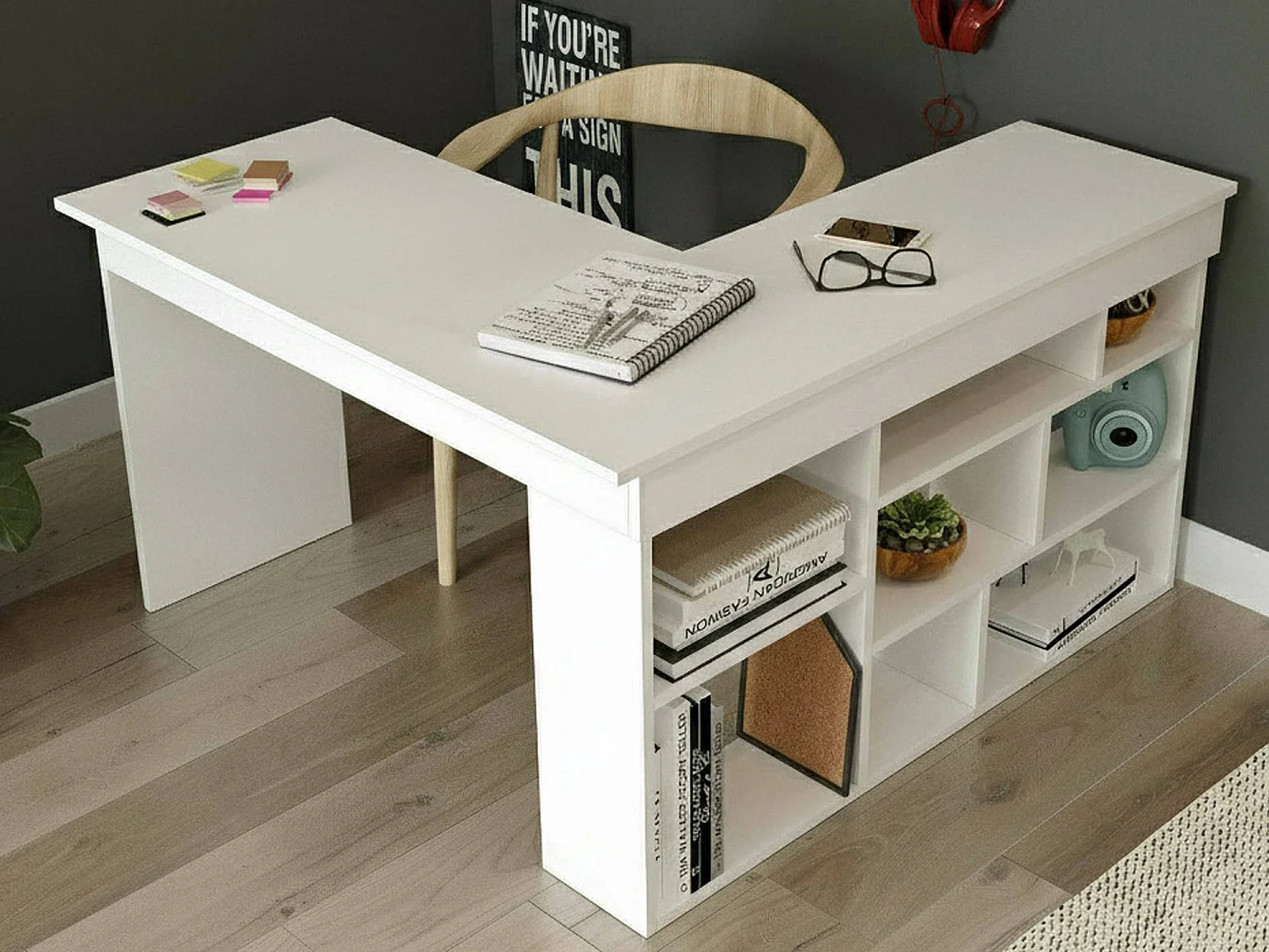 Bureau Angete, Pupitre polyvalent, Table de bureau pour PC, Plan de travail, 129x120h72 cm, Blanc
