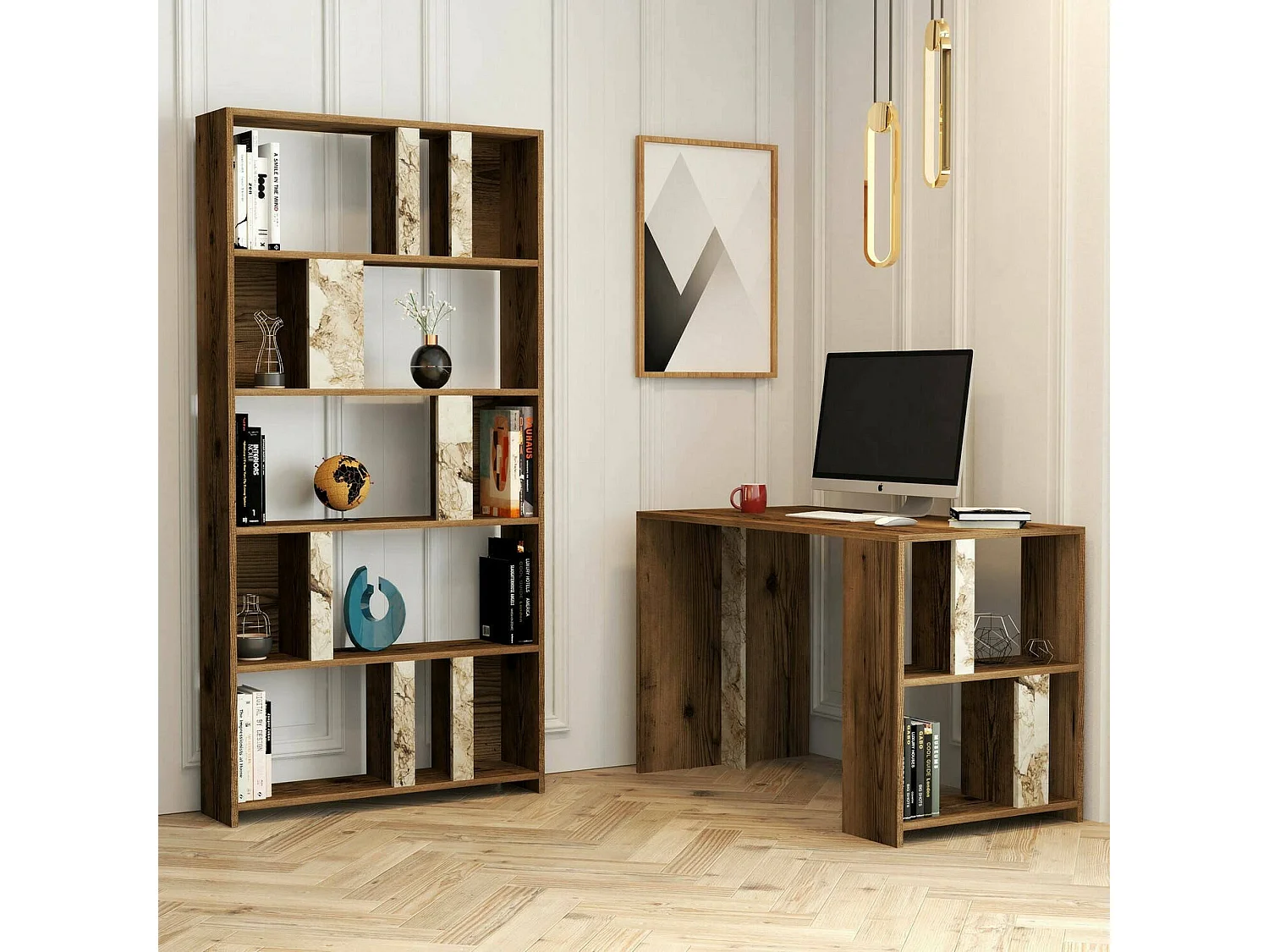 Dpadal bureauIn, Multifunctioneel bureau, pc-houder bureautafel, werkblad, 120x60h75 cm, walnoot en wit marmer