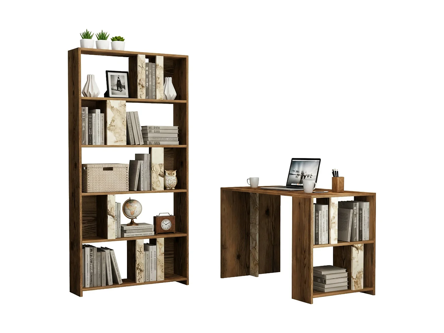Scrivania Atene, con Libreria, 60x120x75.4h cm Bianco Marmo