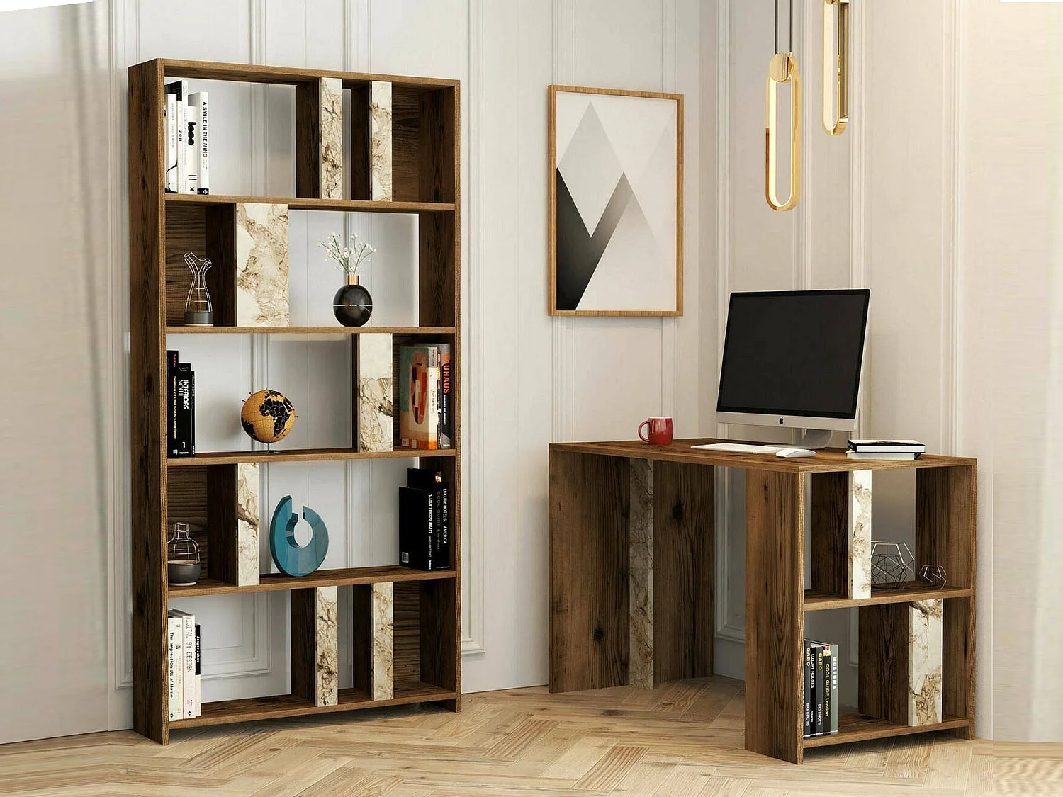 Scrivania Atene, con Libreria, 60x120x75.4h cm Bianco Marmo