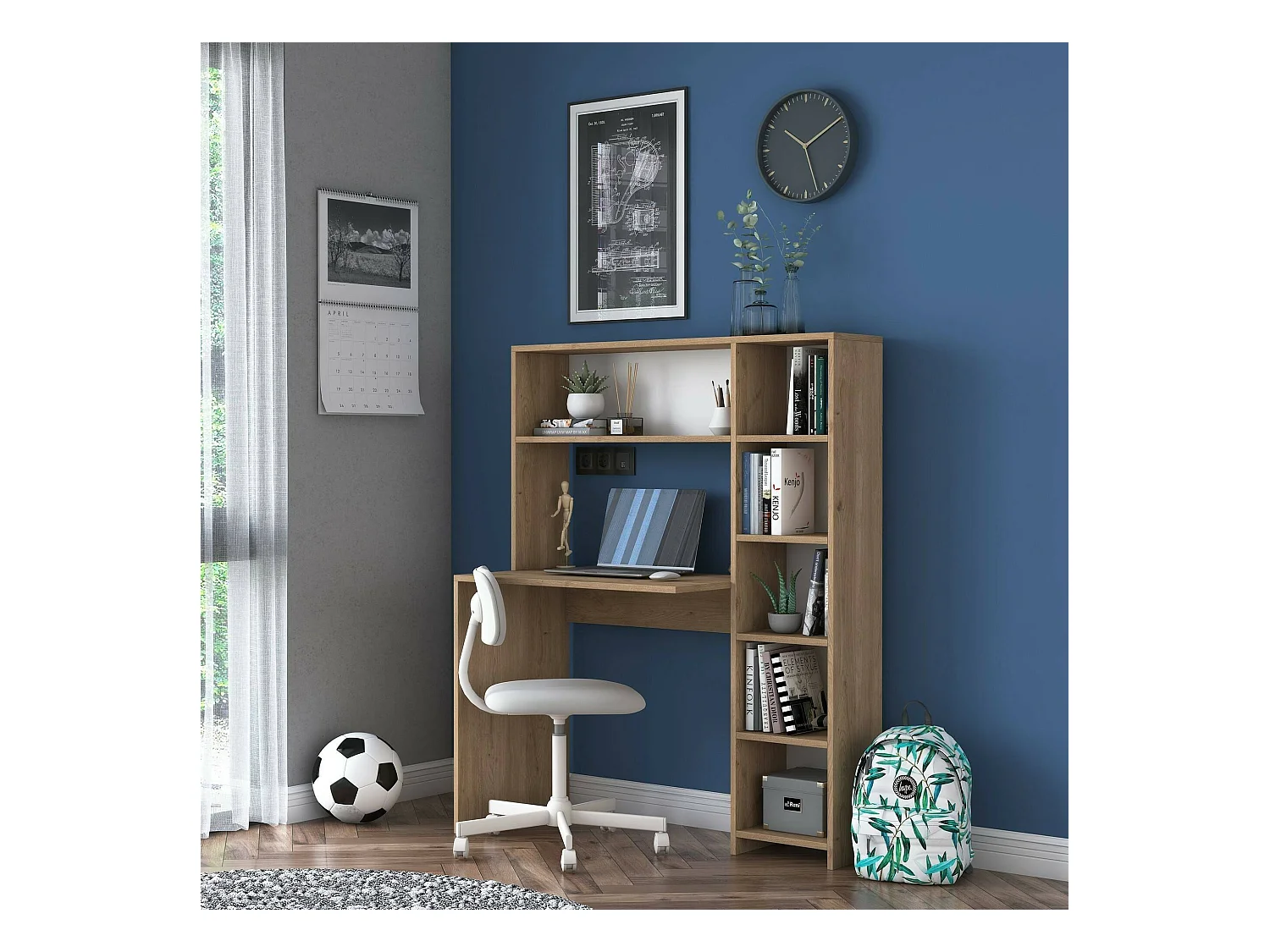 Bureau Callidora, Pupitre polyvalent, Table de bureau pour PC, Plan de travail, 113x40h142 cm, Chêne