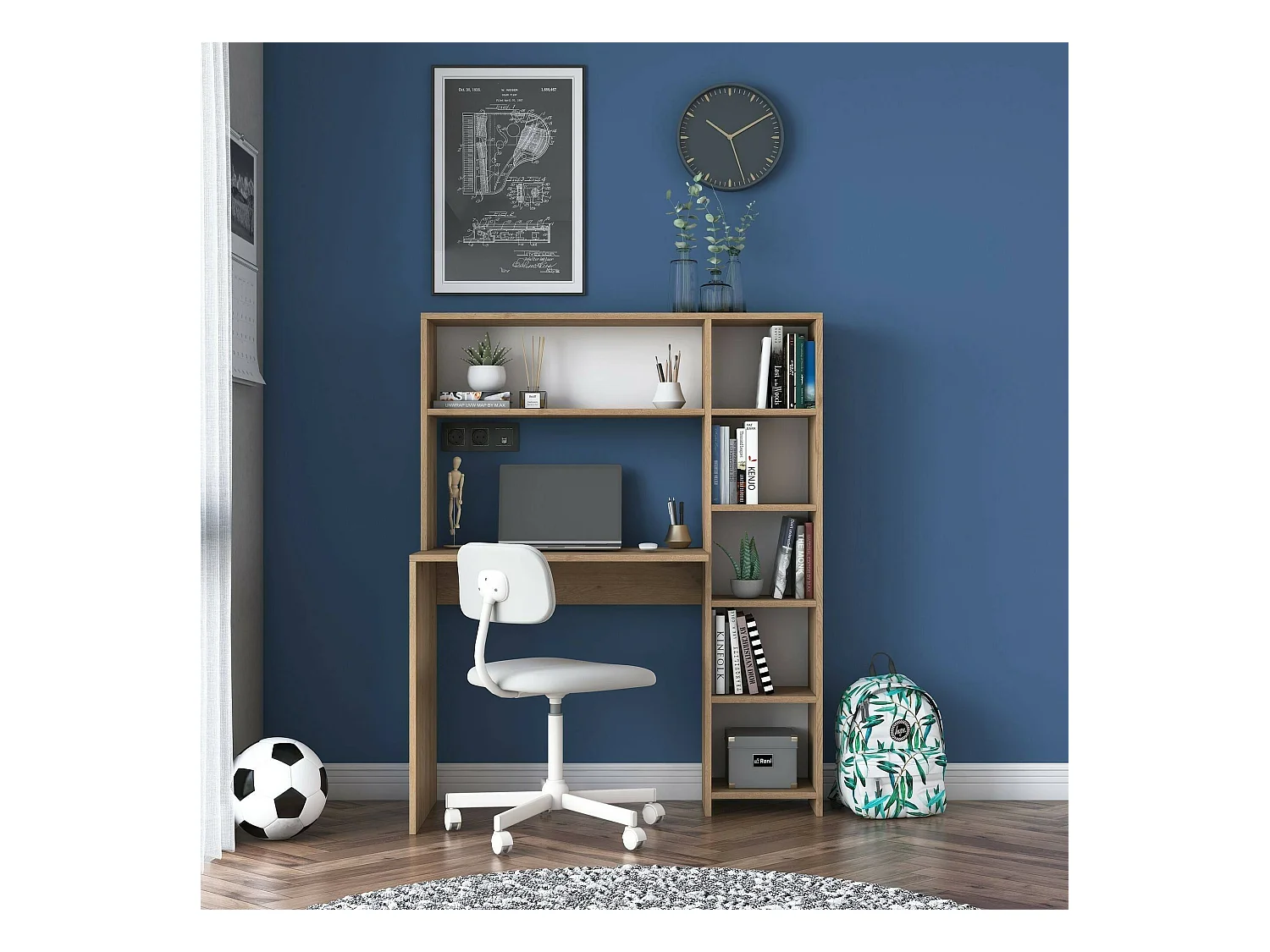 Bureau Callidora, Pupitre polyvalent, Table de bureau pour PC, Plan de travail, 113x40h142 cm, Chêne