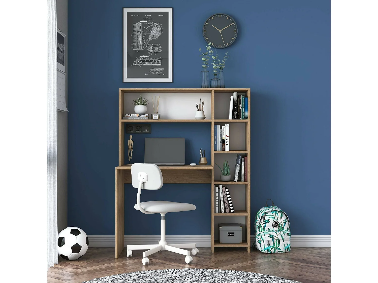 Dghin Bureau, Multifunctioneel Bureau, PC Houder Bureau Tafel, Werkblad, 113x40h142 cm, Eiken