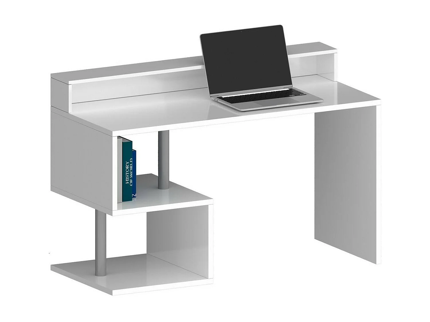 Dcal bureauDirol, Lineair bureau met opbergplanken en LED verlichting, Multifunctioneel bureau met blad, 140x60h93 cm, Wit