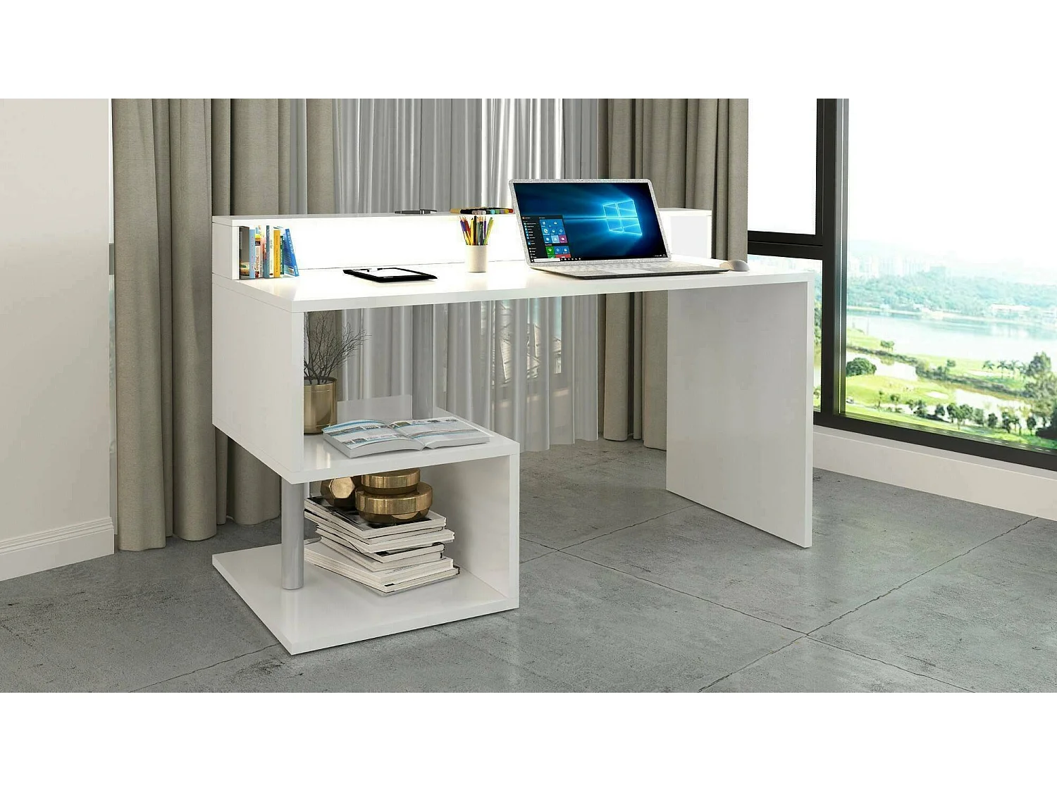 Escritorio Dcaldirol, Escritorio lineal con estantes y luces LED de almacenamiento, escritorio de oficina multiusos con tapa, 140x60h93 cm, Blanco