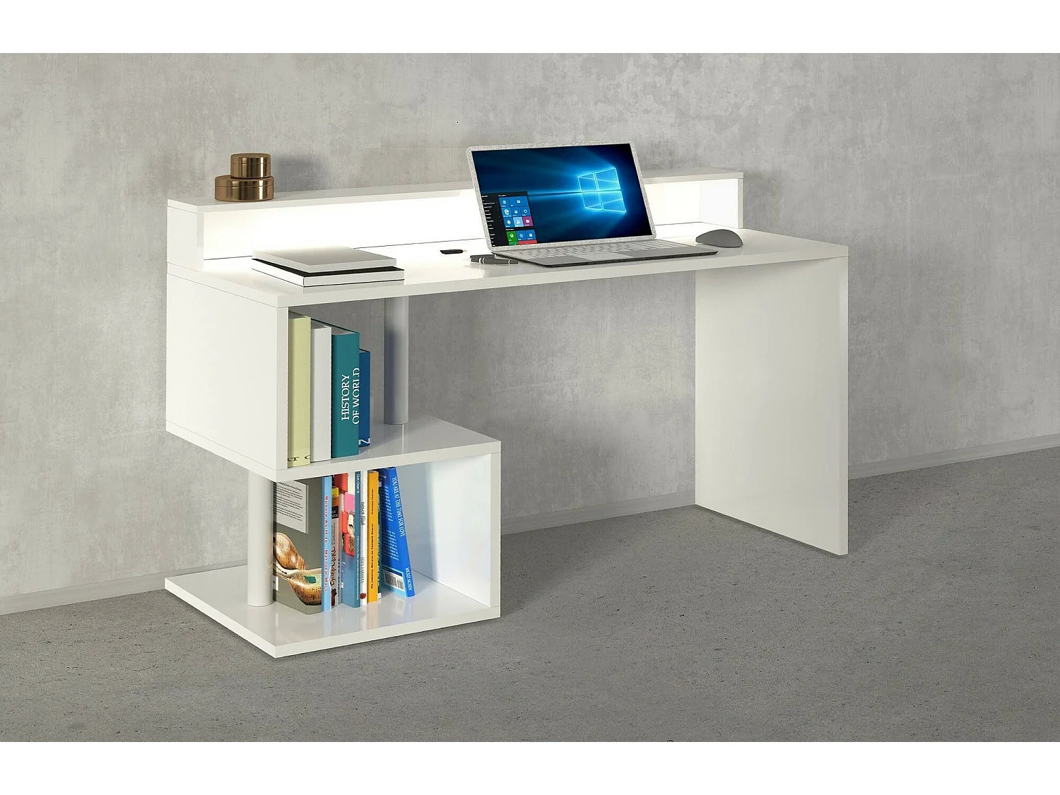 Dcal bureauDirol, Lineair bureau met opbergplanken en LED verlichting, Multifunctioneel bureau met blad, 140x60h93 cm, Wit