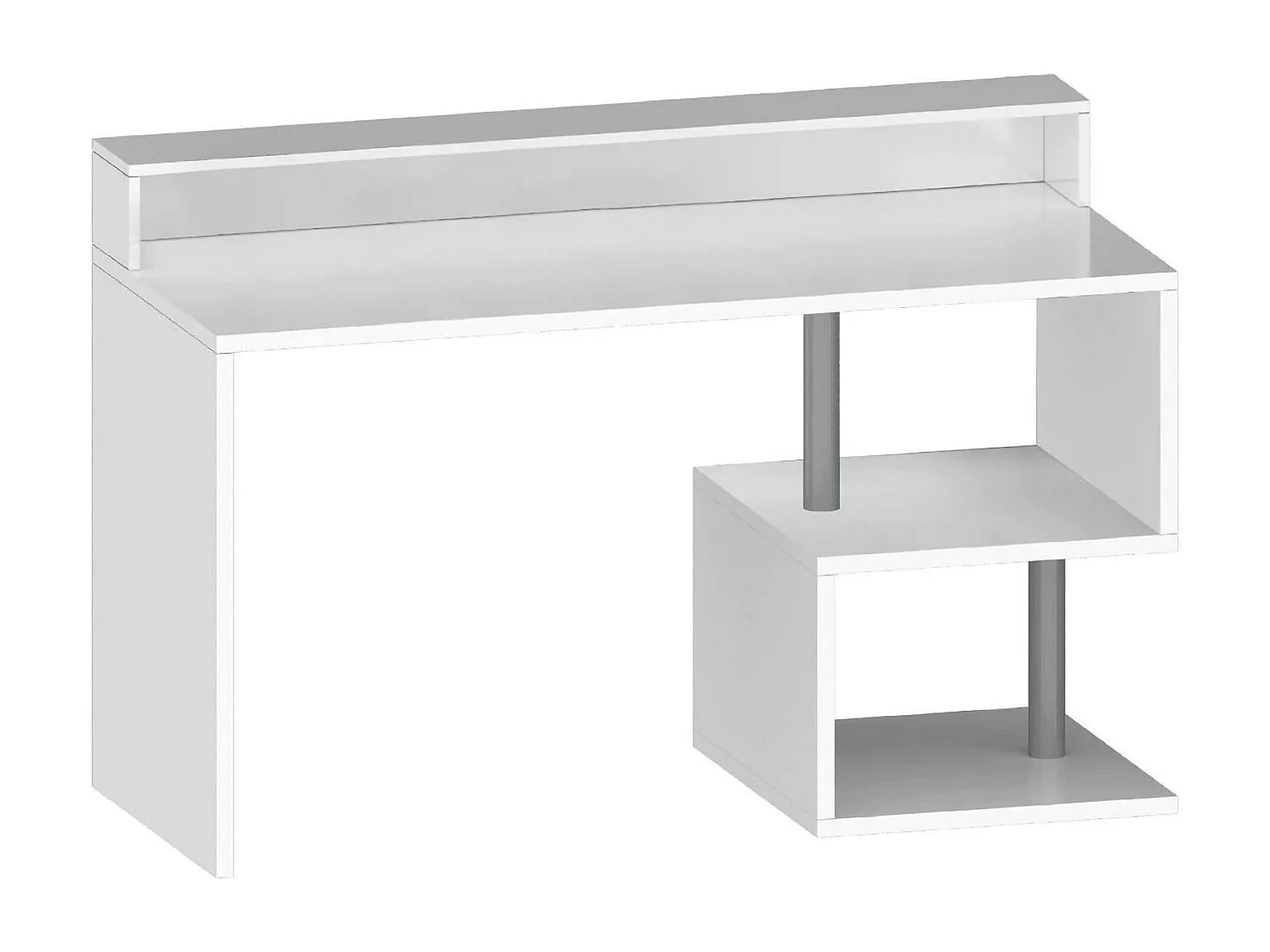 Bureau Alain, Bureau linéaire avec étagères de rangement avec lampes LED, bureau polyvalent avec plateau, 140x60h93 cm, Blanc
