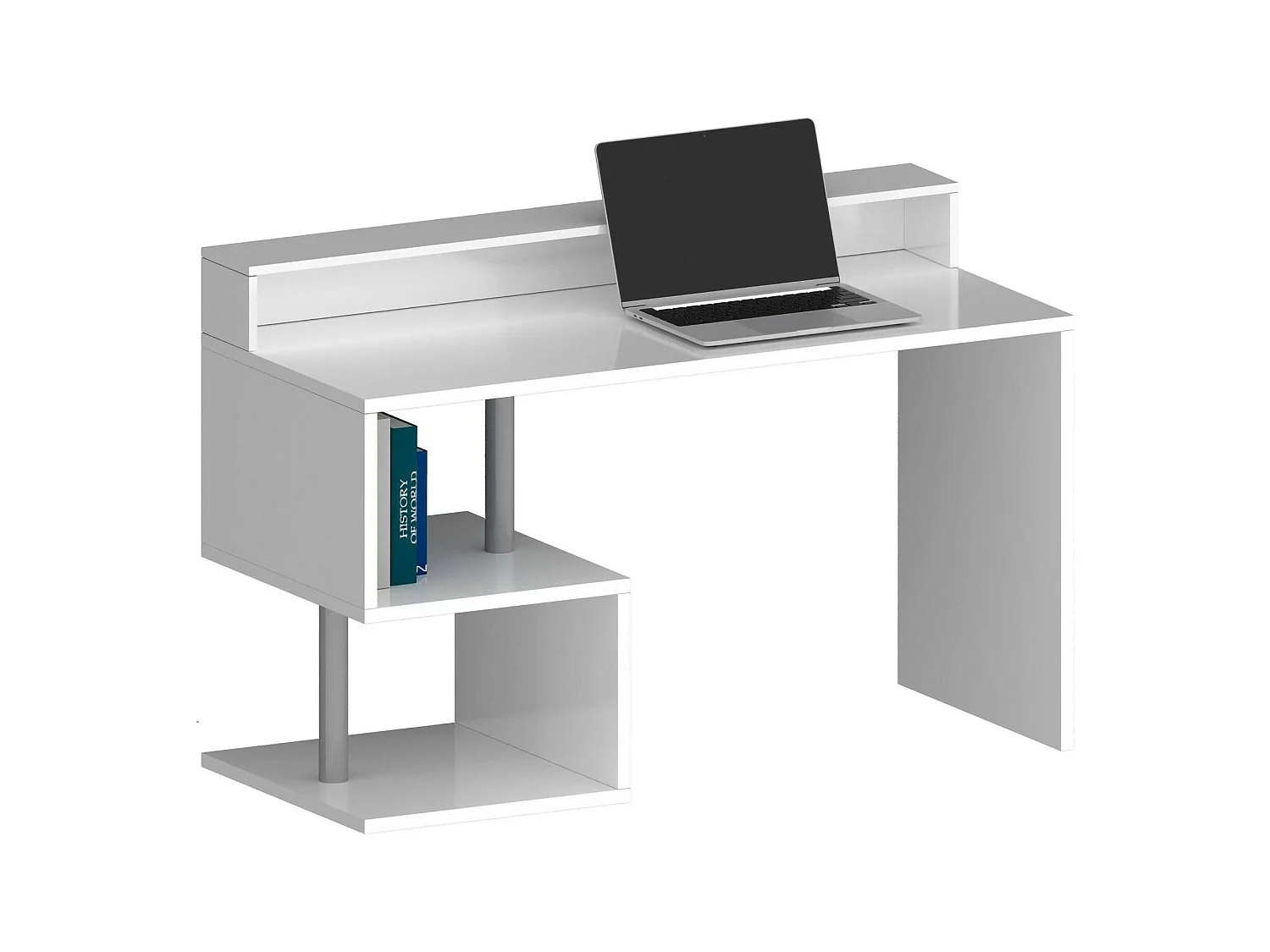 Dcal bureauDirol, Lineair bureau met opbergplanken en LED verlichting, Multifunctioneel bureau met blad, 140x60h93 cm, Wit