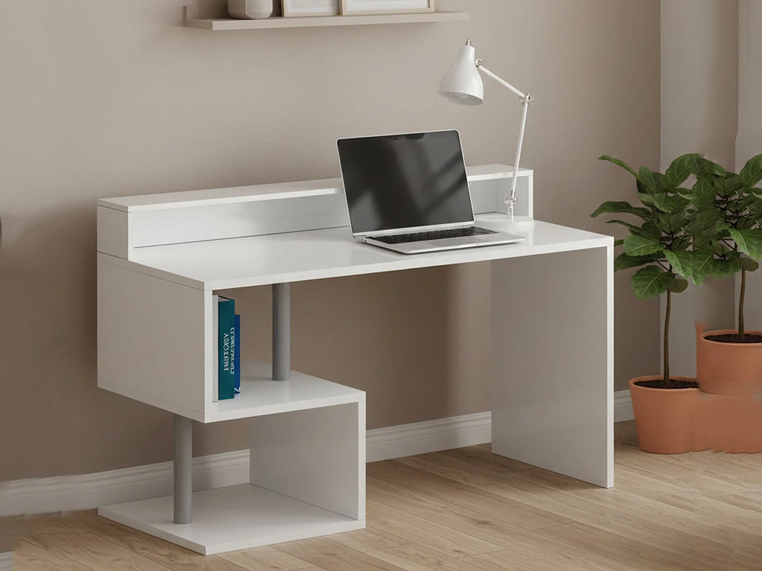 Dcal bureauDirol, Lineair bureau met opbergplanken en LED verlichting, Multifunctioneel bureau met blad, 140x60h93 cm, Wit