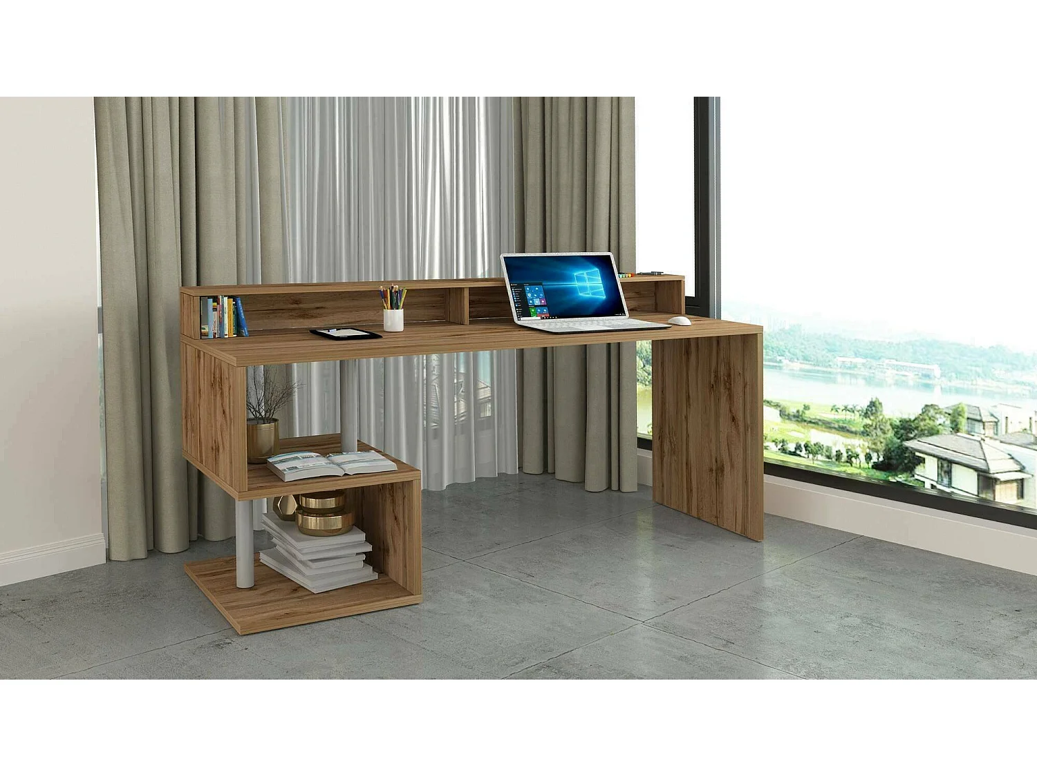 Bureau Serafino, Bureau linéaire avec étagères de rangement, Bureau polyvalent avec plateau, 180x60h93 cm, Chêne