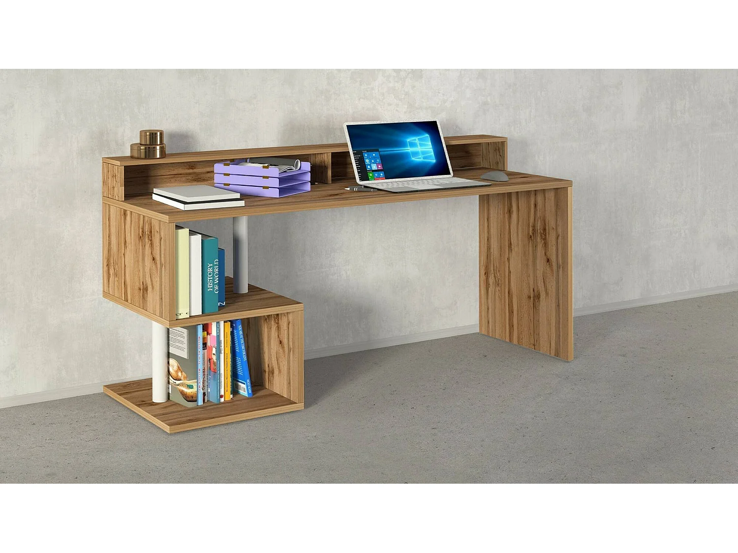 Bureau Serafino, Bureau linéaire avec étagères de rangement, Bureau polyvalent avec plateau, 180x60h93 cm, Chêne