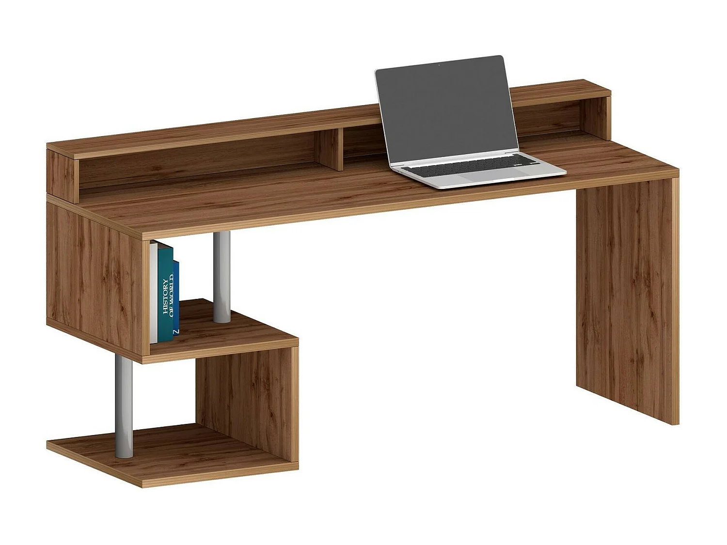 Bureau Serafino, Bureau linéaire avec étagères de rangement, Bureau polyvalent avec plateau, 180x60h93 cm, Chêne