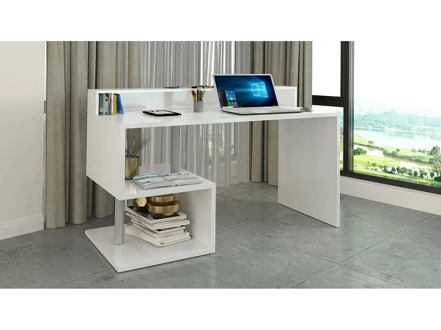 ScriVania Dcheryshe, Lineair Bureau met oprekplanken, Multifunctioneel Bureau met overstek, 140x60h93 cm, Wit
