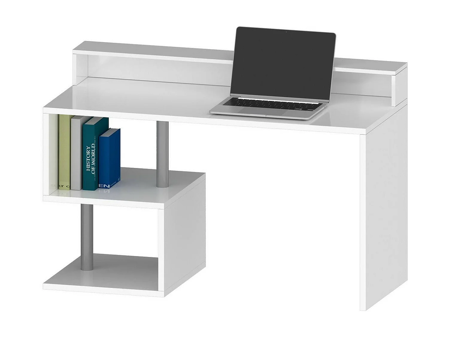 Bureau Silvestro, bureau linéaire avec étagères de rangement, bureau polyvalent avec plateau, 140x60h93 cm, Blanc