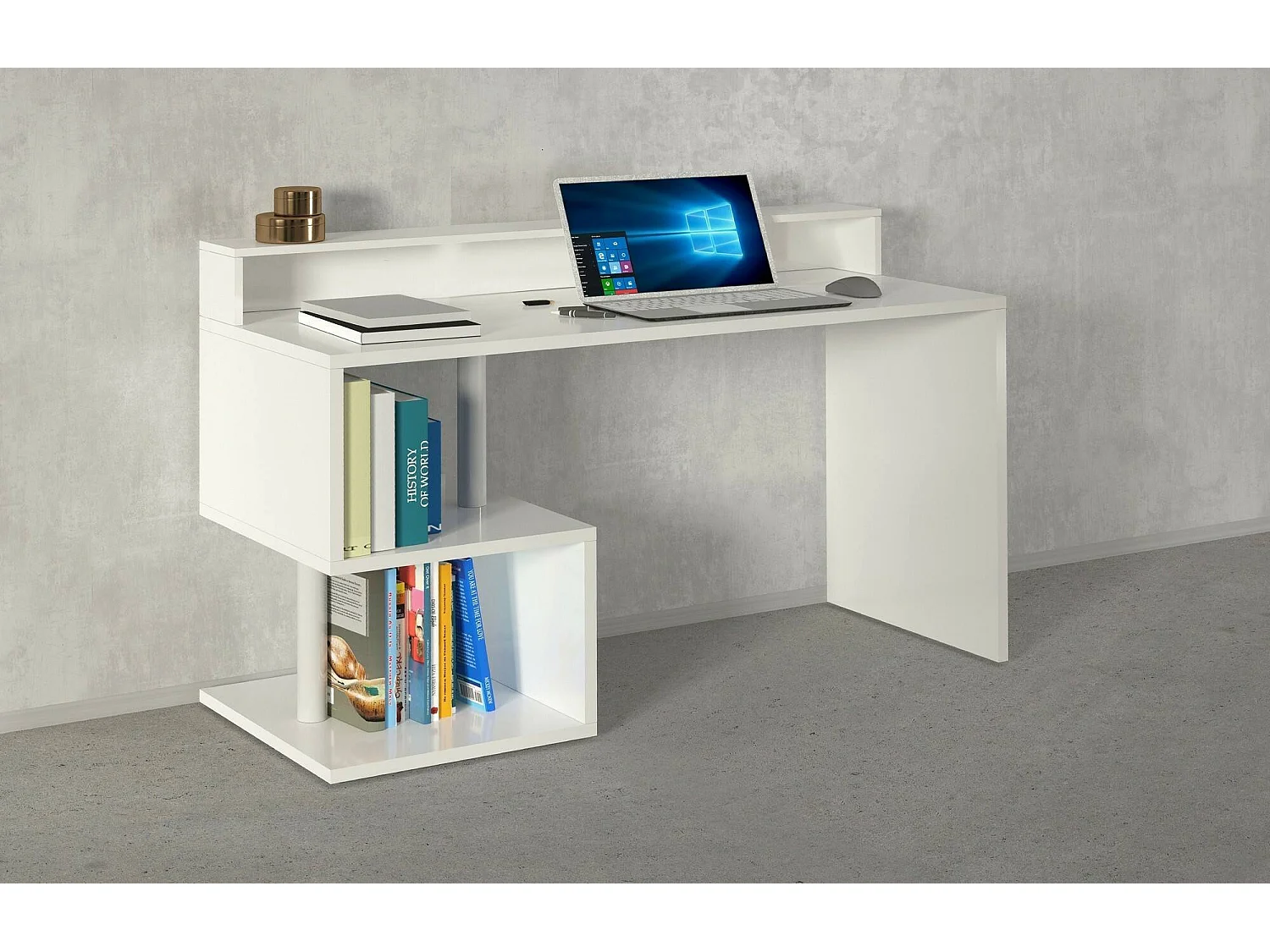 Bureau Silvestro, bureau linéaire avec étagères de rangement, bureau polyvalent avec plateau, 140x60h93 cm, Blanc