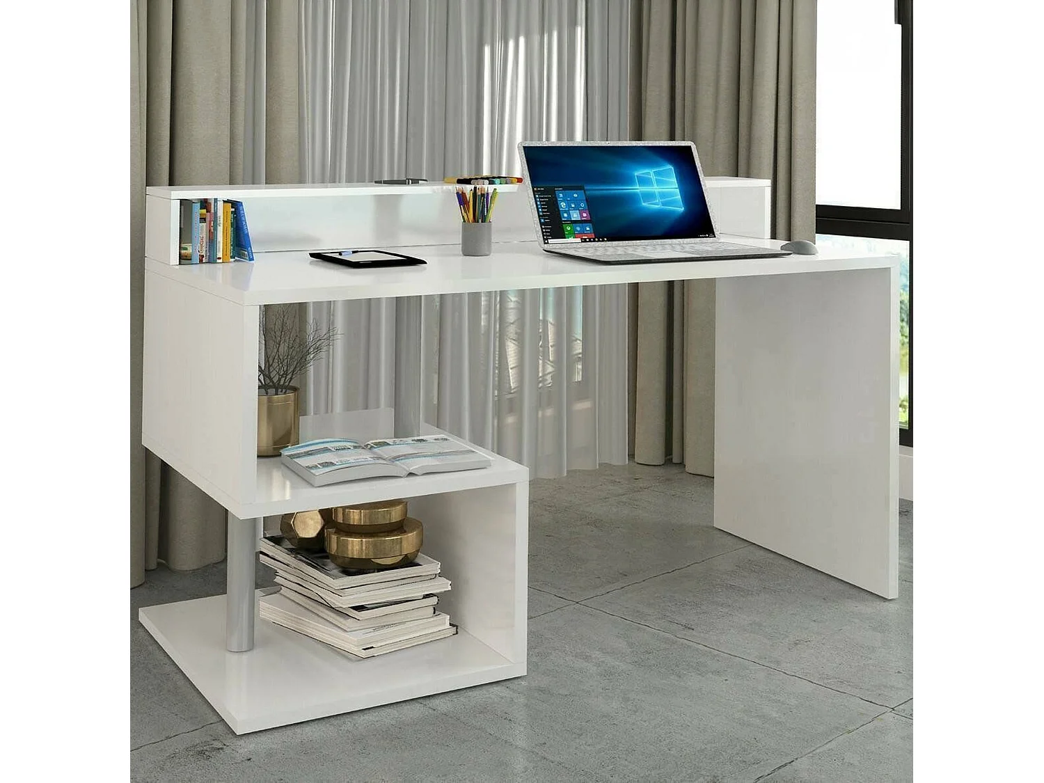 Bureau Silvestro, bureau linéaire avec étagères de rangement, bureau polyvalent avec plateau, 140x60h93 cm, Blanc