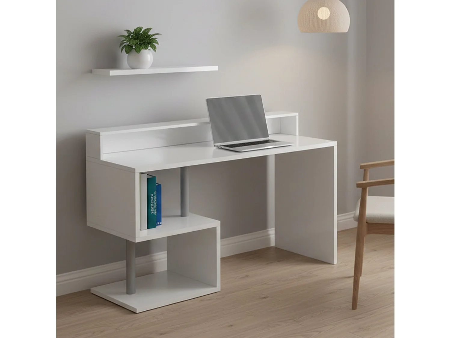 Escritorio Dcheryshe, escritorio lineal con estantes de almacenamiento, escritorio de oficina multiusos con tapa, 140x60h93 cm, Blanco