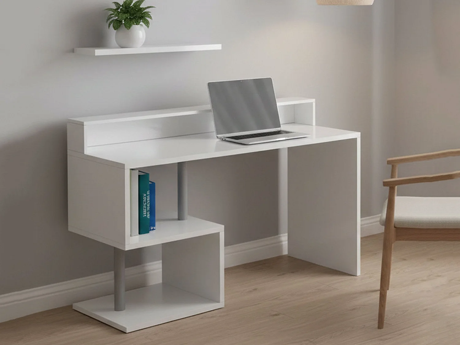 ScriVania Dcheryshe, Lineair Bureau met oprekplanken, Multifunctioneel Bureau met overstek, 140x60h93 cm, Wit