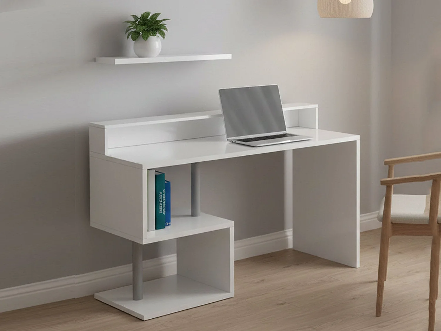 ScriVania Dcheryshe, Lineair Bureau met oprekplanken, Multifunctioneel Bureau met overstek, 140x60h93 cm, Wit