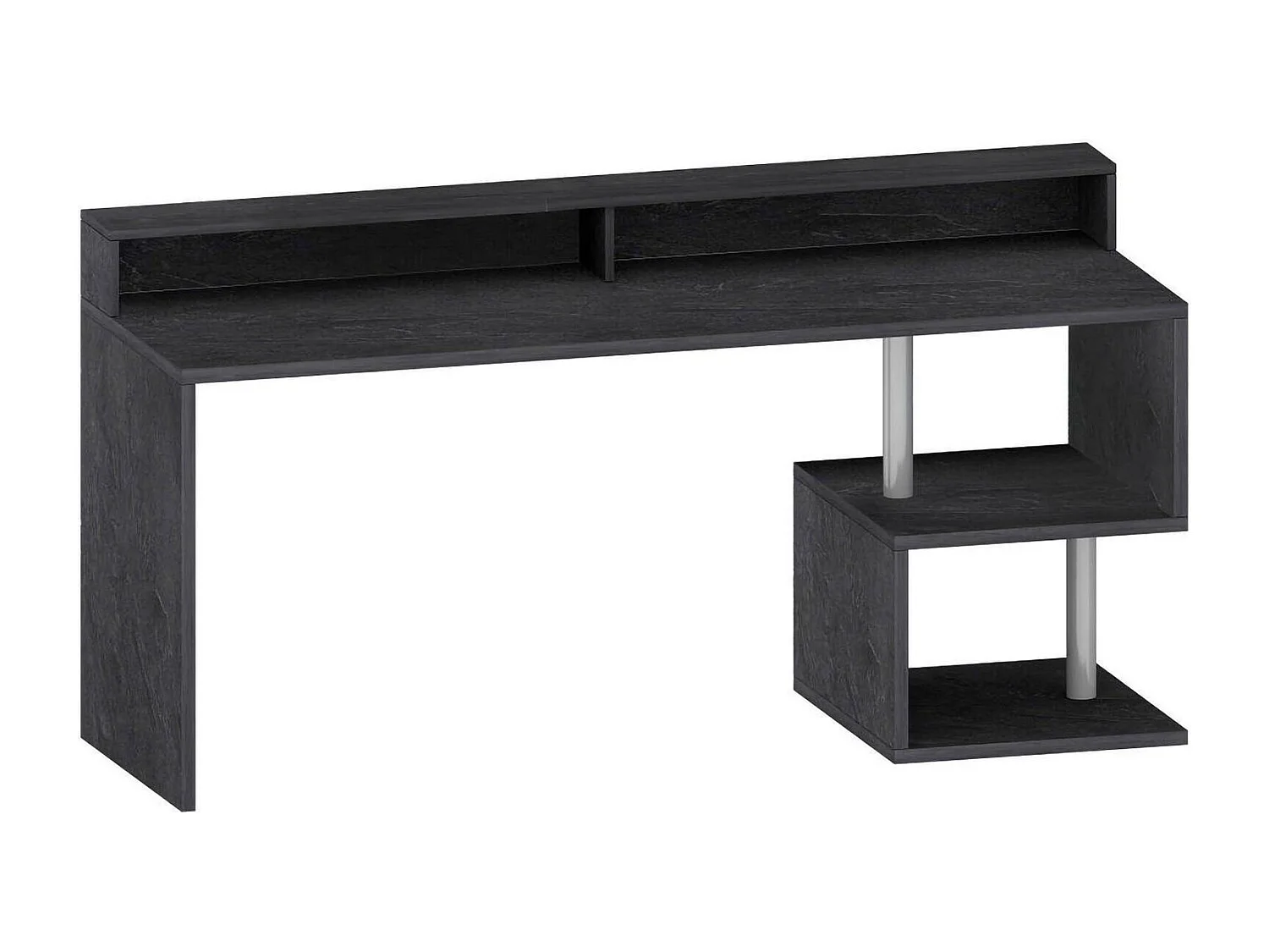 Bureau Alban, Bureau linéaire avec étagères de rangement avec lampes LED, Bureau polyvalent avec plateau, 180x60h93 cm, Ardoise