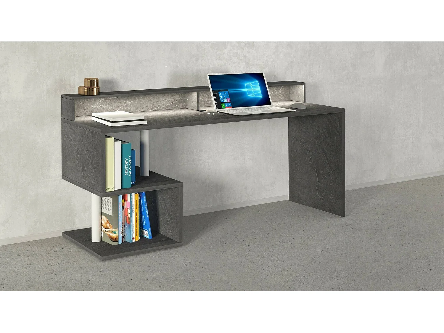 Dcalebokol-kantoor, Lineair kantoor met oplagplanken en LED-verlichting, Multifunctioneel kantoor met bovenzet, 180x92,5h60 cm, Leisteen