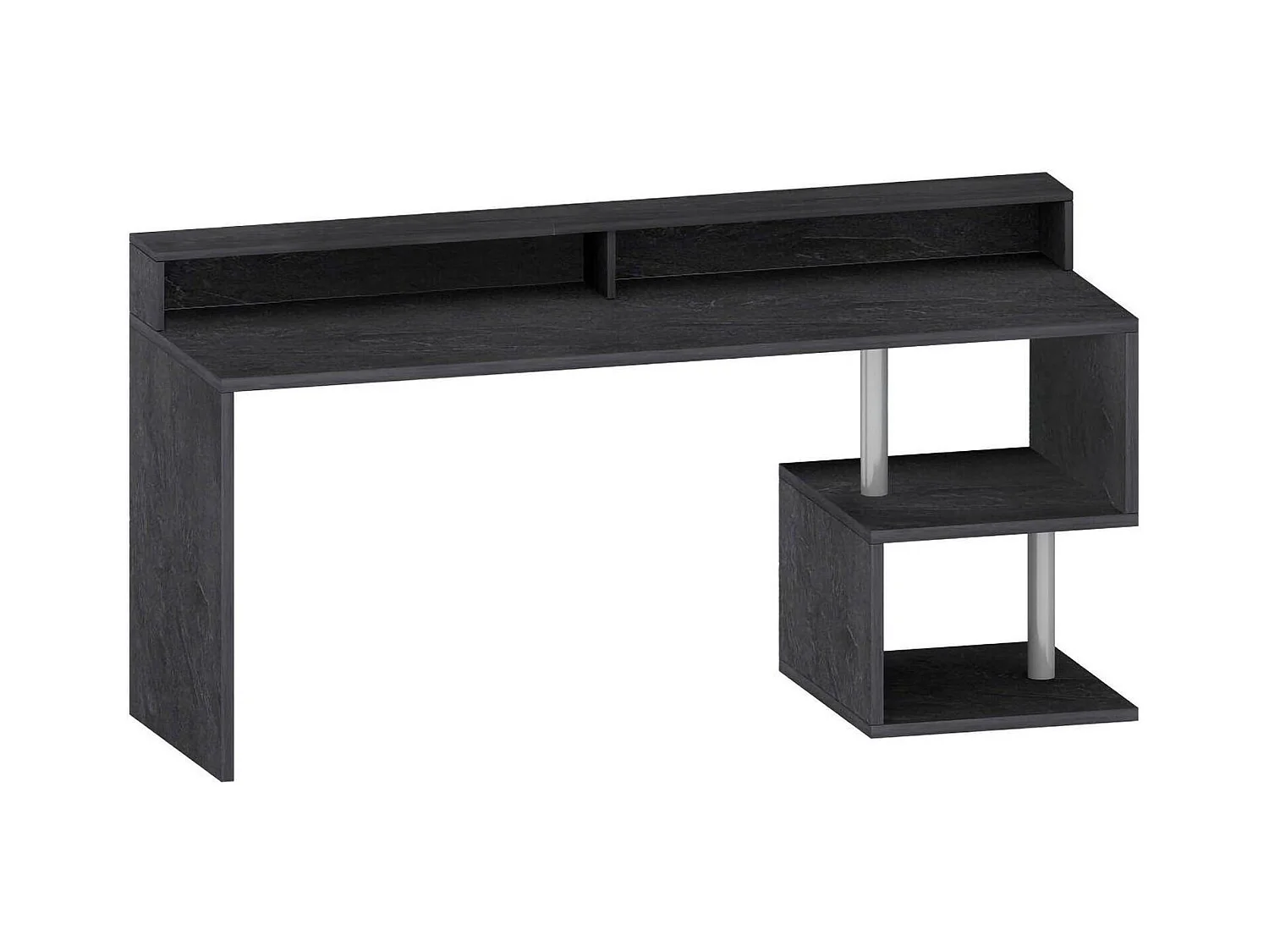 Dcalebokol-kantoor, Lineair kantoor met oplagplanken en LED-verlichting, Multifunctioneel kantoor met bovenzet, 180x92,5h60 cm, Leisteen
