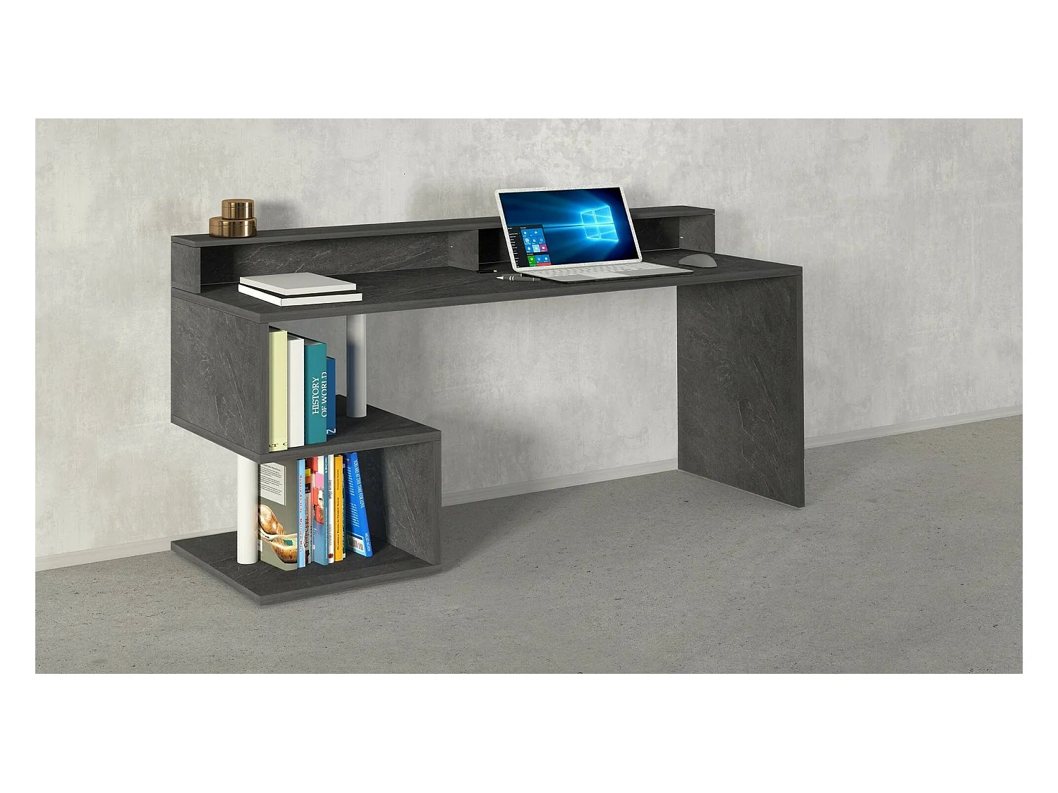 Bureau Alban, Bureau linéaire avec étagères de rangement avec lampes LED, Bureau polyvalent avec plateau, 180x60h93 cm, Ardoise