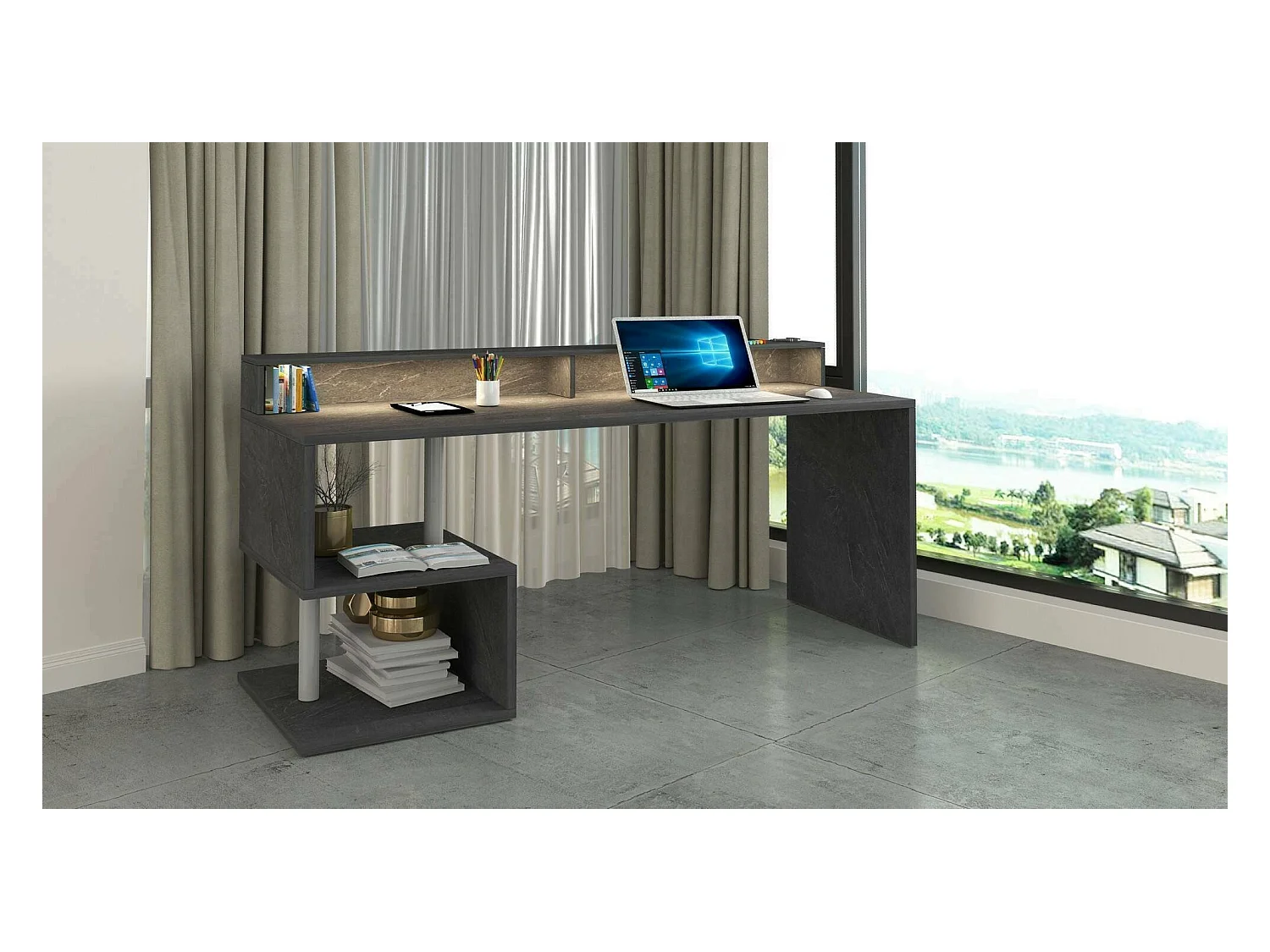 Bureau Alban, Bureau linéaire avec étagères de rangement avec lampes LED, Bureau polyvalent avec plateau, 180x60h93 cm, Ardoise