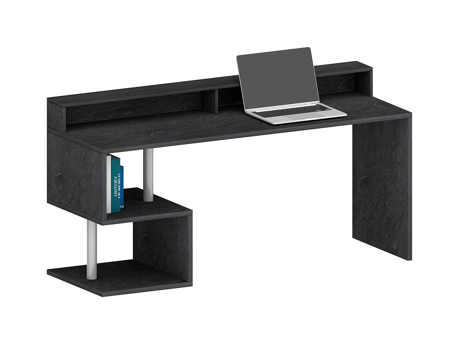 Bureau Alban, Bureau linéaire avec étagères de rangement avec lampes LED, Bureau polyvalent avec plateau, 180x60h93 cm, Ardoise