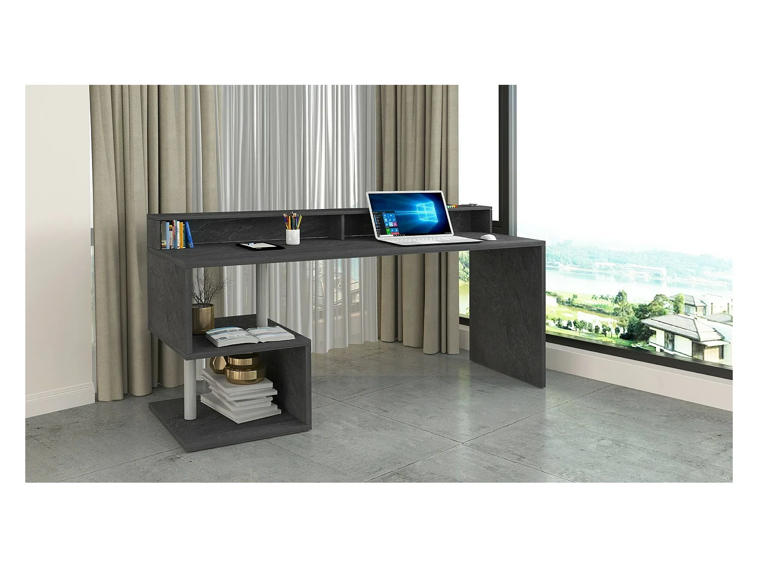 Bureau Alban, Bureau linéaire avec étagères de rangement avec lampes LED, Bureau polyvalent avec plateau, 180x60h93 cm, Ardoise
