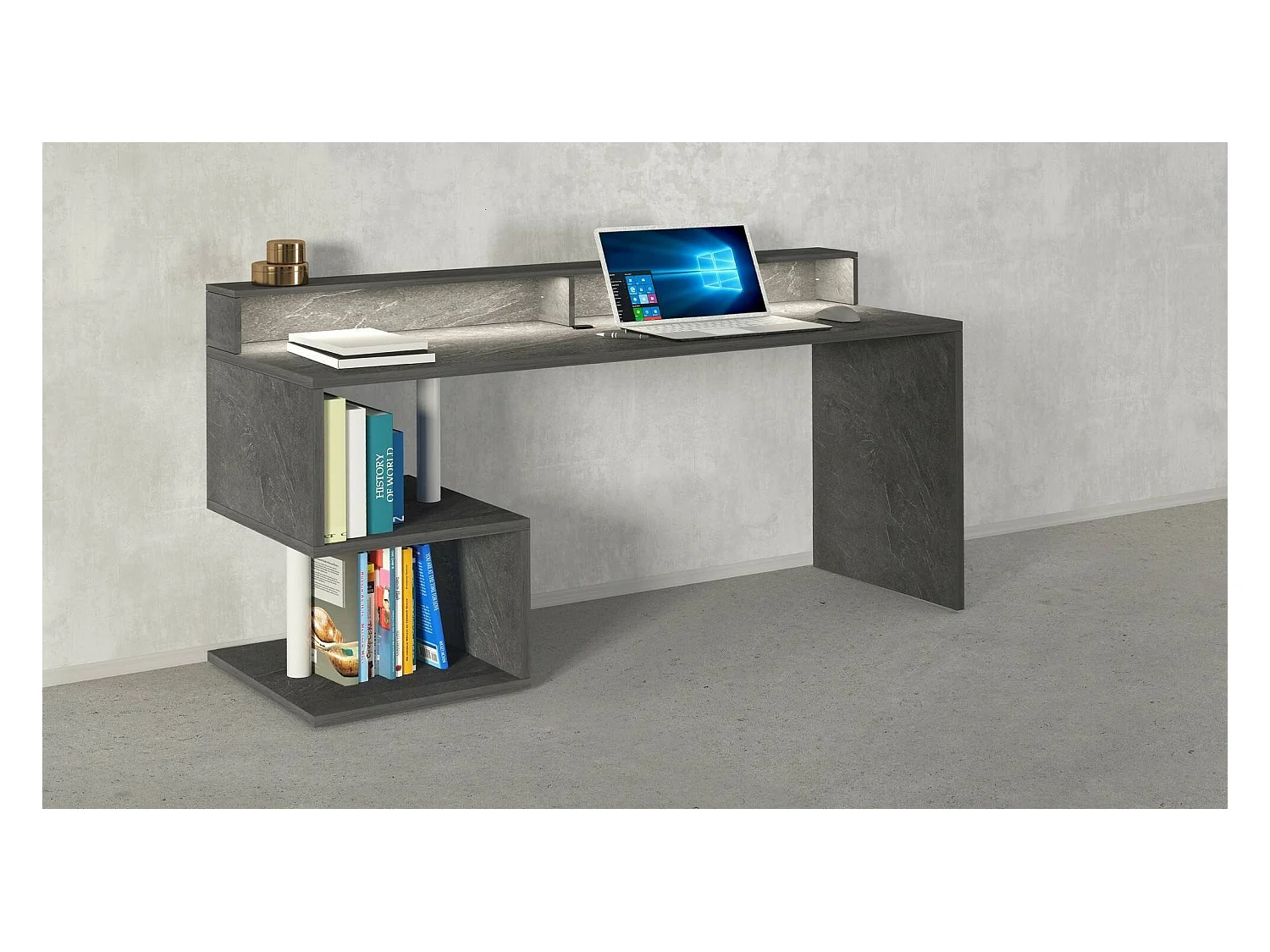 Bureau Alban, Bureau linéaire avec étagères de rangement avec lampes LED, Bureau polyvalent avec plateau, 180x60h93 cm, Ardoise
