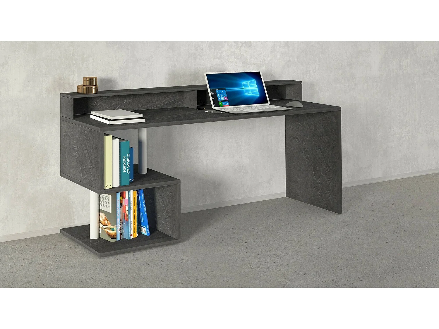 Bureau Alban, Bureau linéaire avec étagères de rangement avec lampes LED, Bureau polyvalent avec plateau, 180x60h93 cm, Ardoise