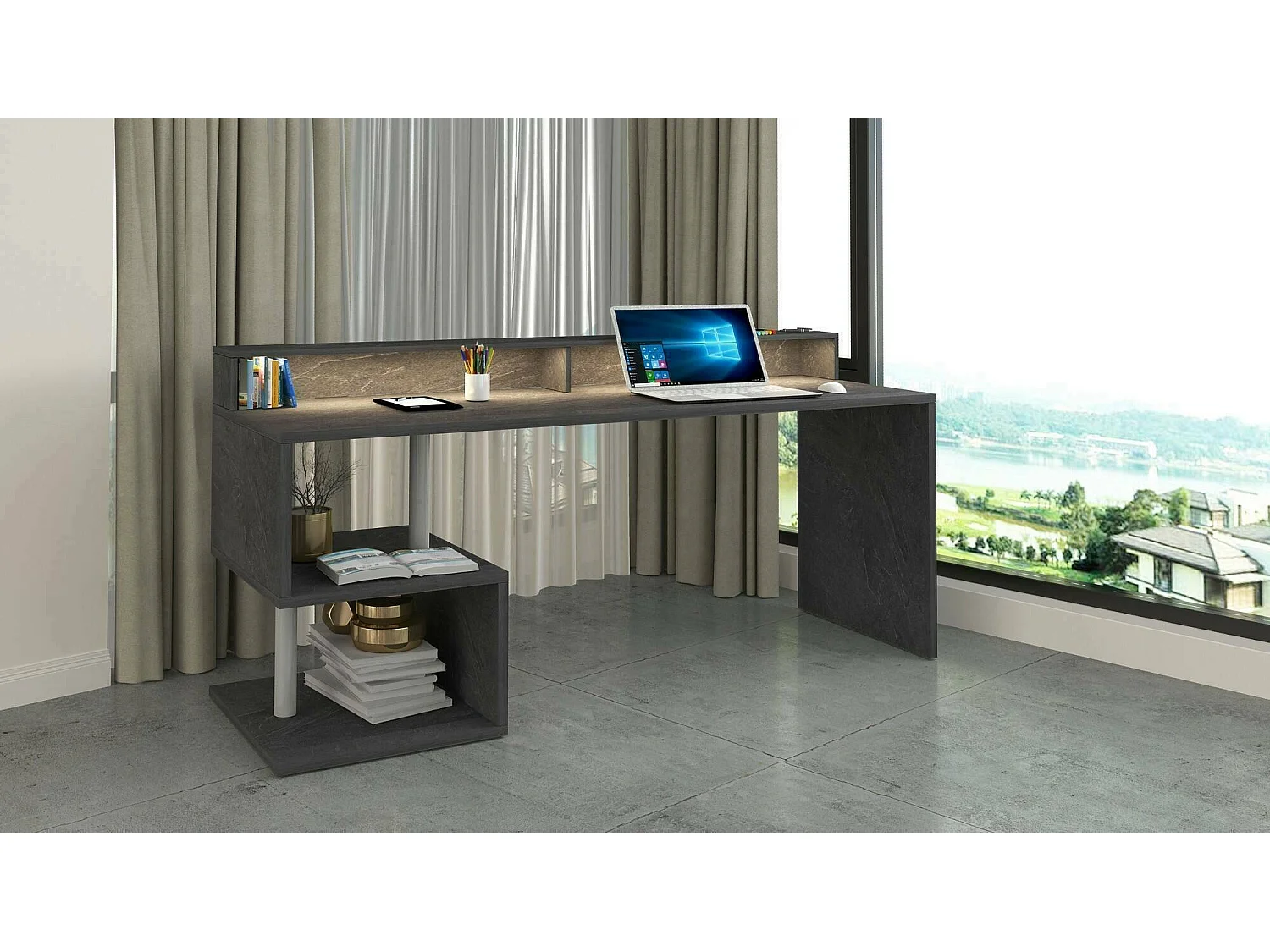 Escritorio Dcalebokol, Escritorio lineal con estantes y luces LED de almacenamiento, Escritorio de oficina multiusos con tablero, 180x60h93 cm, Pizarra