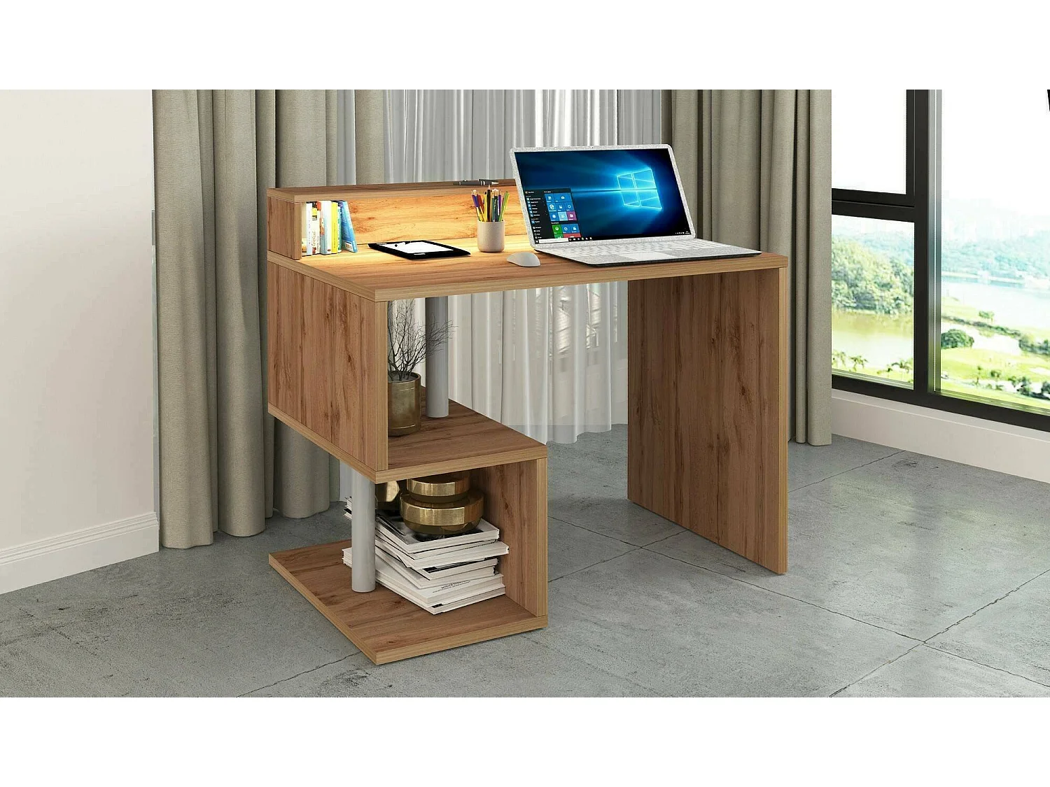Mesa Dcalafior, Mesa linear com prateleiras de armazenamento e luzes LED, Mesa de escritório multiuso com salto, 100x50h93 cm, Carvalho