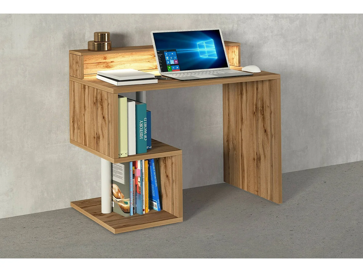 Bureau Adrien, Bureau linéaire avec étagères de rangement avec lampes LED, Bureau polyvalent avec plateau, 100x50h93 cm, Chêne