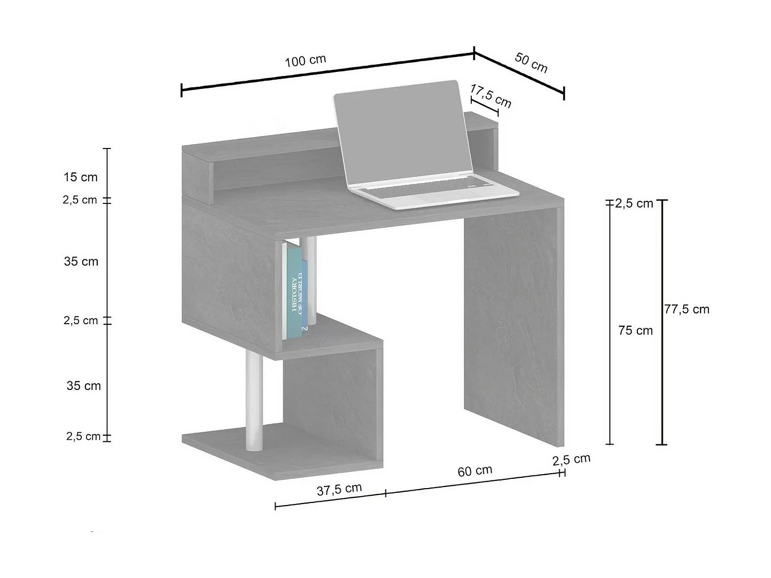 Dcalafior Bureau, Lineair Bureau met Opbergplanken en LED Verlichting, Multifunctioneel bureau met riser, 100x50h93 cm, Eiken