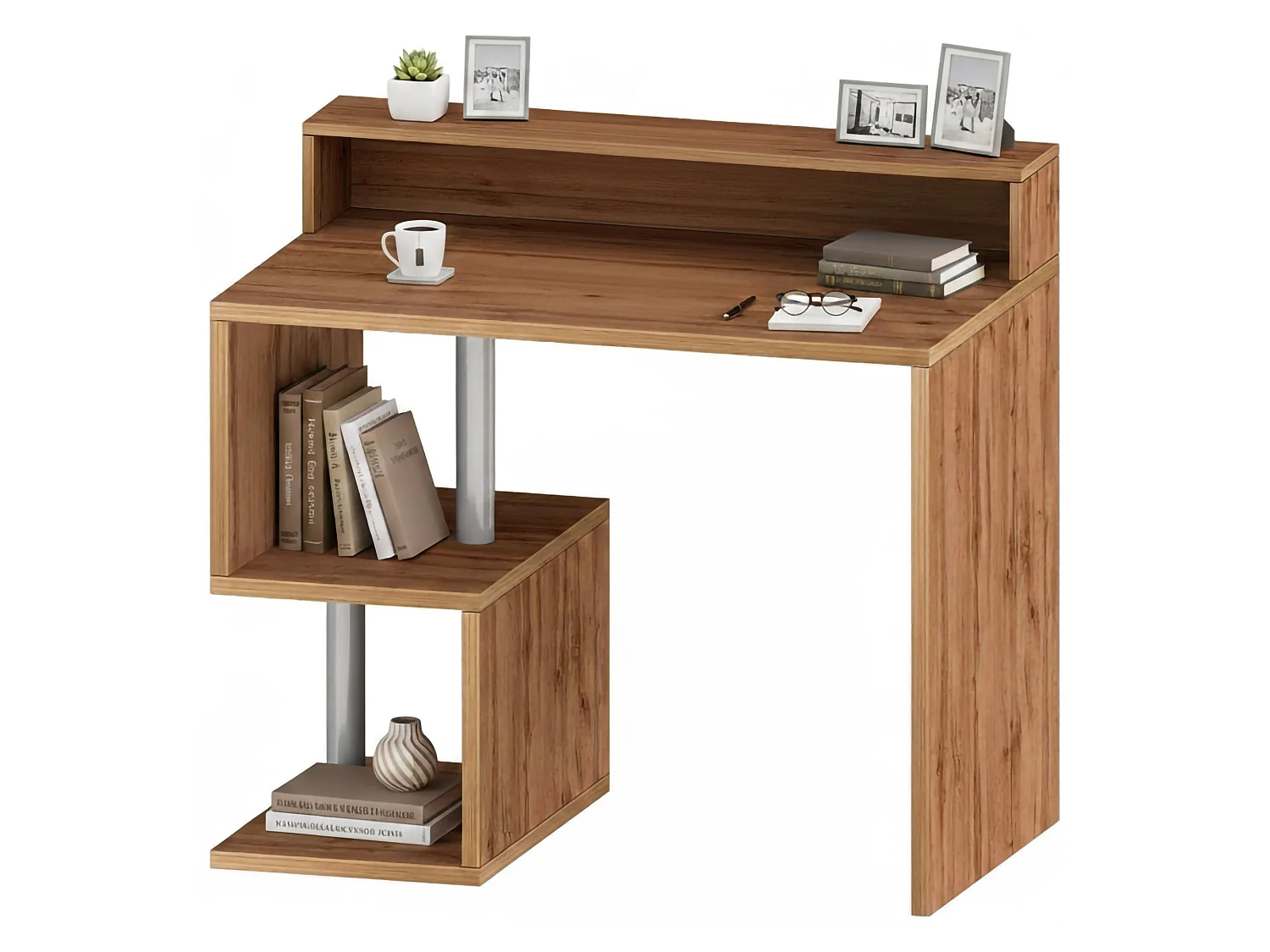 Dcalafior Bureau, Lineair Bureau met Opbergplanken en LED Verlichting, Multifunctioneel bureau met riser, 100x50h93 cm, Eiken