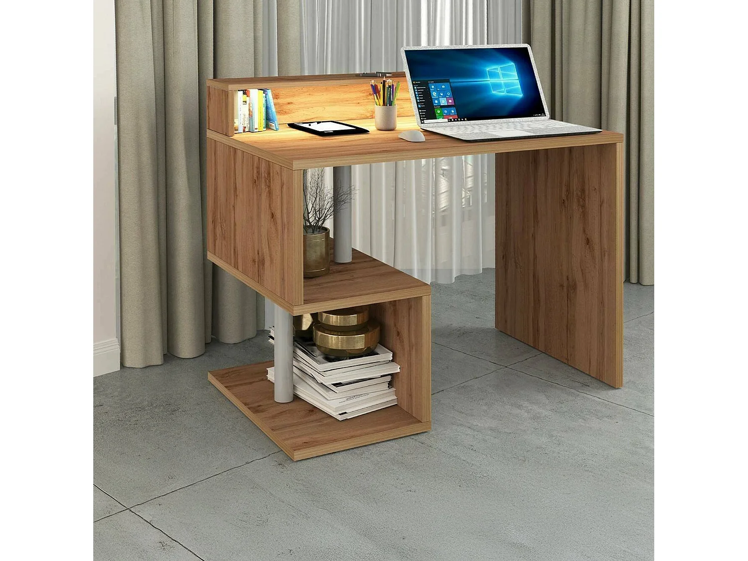 Dcalafior Bureau, Lineair Bureau met Opbergplanken en LED Verlichting, Multifunctioneel bureau met riser, 100x50h93 cm, Eiken